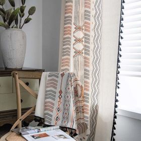 Boho Cream Cotton And Linen Print Sun Shade Non-punched Curtain Fabric (Option: Perforated fringed curtains-W150xH300CM)